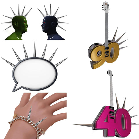 Badass 30 Pack Silver Cone Spikes And Heavy Duty 40Mm Screwback Rivets For Leather Jackets Punk Clothing Rock Accessory Hardware Reusable Embellishment Kit with spiked designs and guitar graphics.