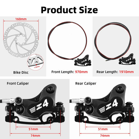 Hydraulic Disc Brake Set For E Bike, 4 Piston 2 Pin, Pre Bleed With Mineral Oil, 160mm rotor dimensions and caliper size details