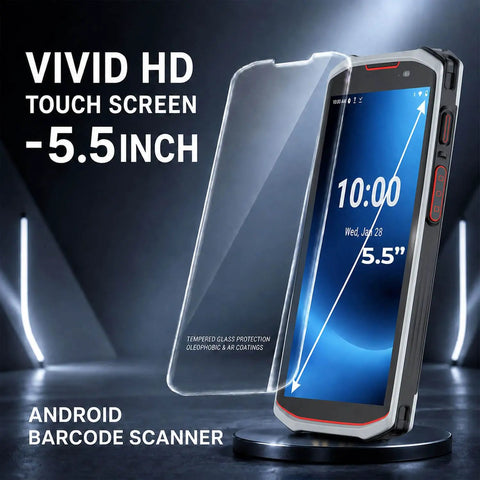 Android Barcode Scanner Powerhouse With 4G LTE And 4GB RAM 64GB ROM Supports 1D 2D And QR Codes Android 13 Wireless PDA shown with 5.5-inch screen