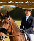 Horse with 3 Pack Black Noseband Covers For Horses With Soft Fleece Padding Guard Shields on bridle, ridden by equestrian.