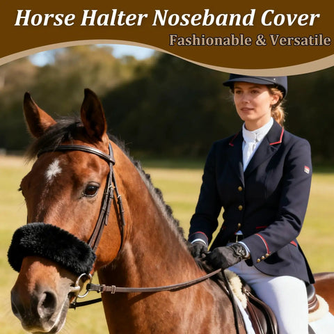 Horse with 3 Pack Black Noseband Covers For Horses With Soft Fleece Padding Guard Shields on bridle, ridden by equestrian.