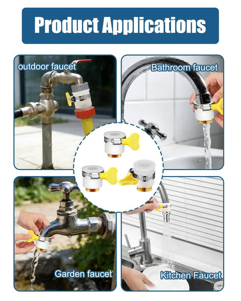 Three Piece Faucet Adapter Kit Universal Sink Hose Adapters With Two Fine Thread And One Coarse Thread For Portable Washer Garden Hose Water Filter Outer 15 To 24 Millimeter Silver No Fuss Setup shown on various faucet types.