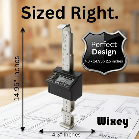 Digital Planer Gauge With Electronic Readout For Woodworking, Precise Thickness Measurement on table with scale dimensions