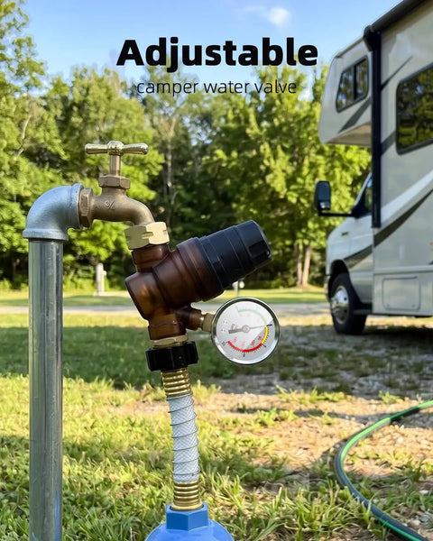 Must-Have RV Water Pressure Regulator With Gauge And Rotatable Dial, Adjustable Camper Water Pressure Reducer With Inlet Screen Filter For Travel Trailers, Protects Plumbing From High Water Pressure, brass 3/4-inch RV hookup with gauge