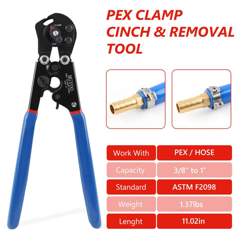Front view of Dual Function PEX Crimp Tool Kit With Cinch And Removal, 3/8 to 1 Inch PEX Crimper, built-in cutter, and clamps.