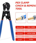 Cinch And Remove Dual Function Pex Crimp Tool With Ratchet Pex Pipe Crimper shown with blue handles and clamp detail.