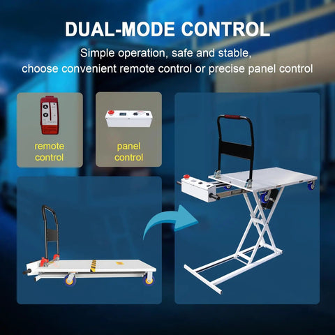 Dual-mode control image showcasing Heavy Duty Electric Hydraulic Lift Table Cart With 48V Power Handling Up To 661 Pounds.