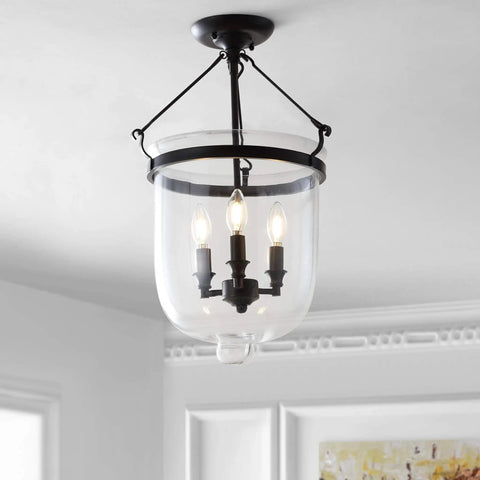 Oil Rubbed Bronze 14.5 Inch Three Light Iron And Glass Semi Flush Mount Ceiling Light With LED Bulbs Included For Entryway And Bedroom