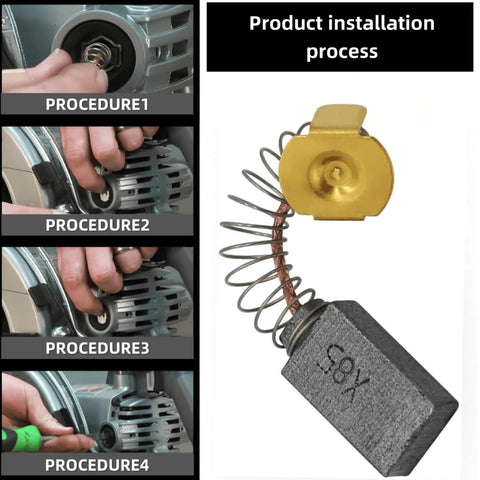 Top Notch Heavy Duty Carbon Brush Replacement Set For Skil Bosch And Ryobi Saws installation process showing carbon brushes and tools.
