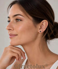 Flat Back Titanium Tiny Dot Earrings For Sensitive Ears worn on model, showing 3mm stud in ear, stylish and hypoallergenic.