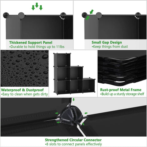 Diagram of Six Cube Storage Organizer Set For Wardrobe And Home showing waterproof panels, rust-proof frame, and strong connectors