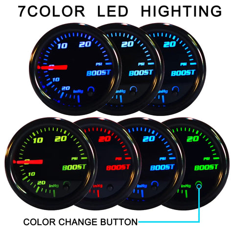 Tinted Seven Color Turbo Boost And Vacuum Gauge Kit For Turbo Cars 0 To 30 PSI Boost And Negative Thirty To Zero InHg Vacuum Mechanical Dial 52 Millimeter Real Time Readouts For Quick Boost Checks Easy Install, 52mm gauge with color LED modes