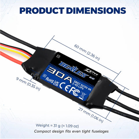 Beatles G2 30A ESC For RC Plane And Fixed Wing Aircraft 2S 4S Brushless Speed Controller dimensions and design