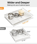 Expanded view of the adjustable sliding drawer, showcasing size comparison for the expandable pull out organizer.