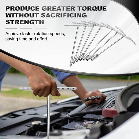 Person using 7Pc T Handle Socket Wrench Set with Long Reach in 8 10 12 13 14 17 19mm for car repairs, ergononomic grip shown.