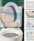 Elongated Toilet Seat Replacement for Bathroom Use with beach design, stainless steel hinges, and grip-tight bumpers.