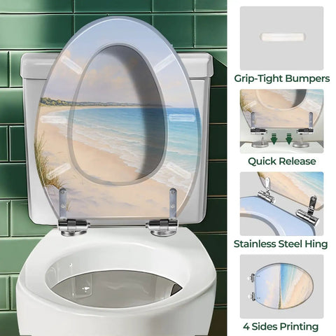 Elongated Toilet Seat Replacement for Bathroom Use with beach design, stainless steel hinges, and grip-tight bumpers.