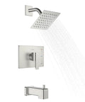 Top Shelf Brushed Nickel Shower Set With Tub Faucet And Swivel Head Bathroom Trim Kit with a square rain showerhead and valve.