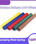 Sturdy Ten Piece Compression Spring Bundle For Die Mold Loading Plus Heavy Duty Steel Hold Down Springs With 60 Mm Length Perfect For Industrial Gear And Reliable Performance Under Load, featuring colorful springs with 6mm OD and 3mm ID.