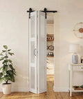 Slick Glide Double Bifold Barn Door With Complete Hardware Kit Eases Through Tight Squeezes, 24x84 inch white MDF bifold door.
