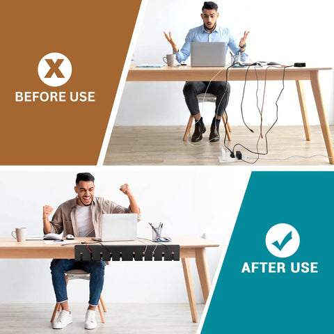 Before and after using a 2 Pack Under Desk Cable Management Tray With 15.7 Inch Cord Organizer For Desk And Wire Organization Under Desk.