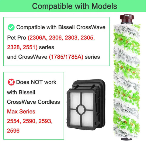 Six Pack Replacement Parts Kit For CrossWave Pet Pro 2306A And CrossWave 1785 Series Vacuums Includes Three Brush Rolls And Three Filters A Must Have For Pet Hair Cleanup Compare To 1613568 161-3568 And 1608684 compatibility chart and product view