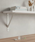 Heavy Duty White Carbon Steel Wall Mount Shelf Bracket for Floating Shelves L Shaped Support with mounting hardware visible