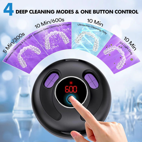 Ultrasonic Retainer Cleaner 45kHz 200ml For Dentures Braces Night Guards Jewelry showing four cleaning modes
