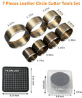 Leather Circle Cutter Set, 7 Piece Circle Punch Tool Kit 20mm To 50mm, showing dies and storage case dimensions