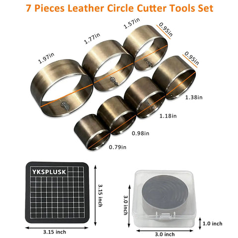 Leather Circle Cutter Set, 7 Piece Circle Punch Tool Kit 20mm To 50mm, showing dies and storage case dimensions