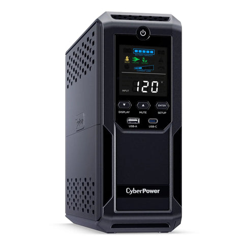 Intelligent LCD UPS System 1500VA 900W With 12 Outlets For Home Office And Media Gear, 6 Battery Backup And Surge Protected, 6 Surge Protected, 2 USB Ports, AVR Mini Tower Black