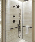 Modern shower with polished chrome fixtures, showing lever handle and Artifacts Transfer Valve Trim With Lever Handle Polished Chrome KT72770 4 CP ADA Compliant K Joint Installation For MasterShower 2 Way 3 Way Valve Replaces Trim Only Slick No Fuss Shower Upgrade.