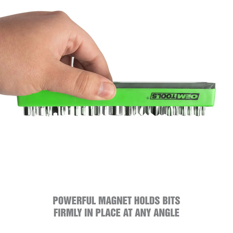 Hand holding 36 Piece Magnetic Hex Bit Holder Kit For Fast Drill Bit Storage And Organization Mounts To Metal Surfaces, green color.
