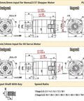 Nema 23 planetary gearbox technical drawing showing dimensions and input specifications for 200W and 400W servo motors.