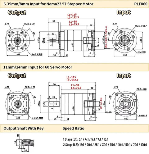 Nema 23 planetary gearbox technical drawing showing dimensions and input specifications for 200W and 400W servo motors.