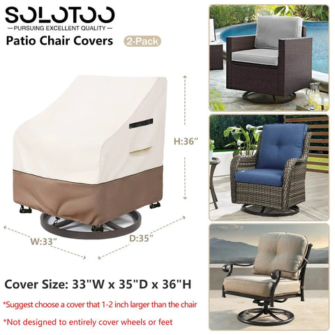 Heavy Duty Waterproof Patio Chair Covers 2 Pack For 33W X 35D X 36H Swivel Outdoor Chairs shown with cover on swivel chair