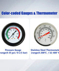 Color-coded pressure gauge and stainless steel thermometer from 18 Pack Universal Radiator Pressure Leak Tester Kit For Automotive