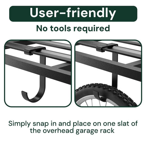 Heavy Duty 4 Pack Overhead Garage Ceiling Storage Hooks installed on rack, showing bike hanging capability, easy mounting