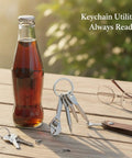 Compact Silver Keychain Multitool With Bottle Opener And Wrench For EDC Zinc Alloy Build on wooden table with keys and bottle