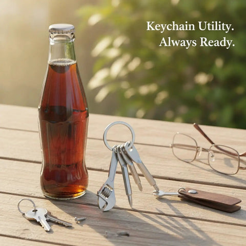 Compact Silver Keychain Multitool With Bottle Opener And Wrench For EDC Zinc Alloy Build on wooden table with keys and bottle