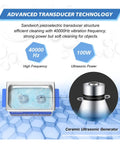 Digital Ultrasonic Cleaner 3 Liter Tank With Heating And Timer Features Smart Degassing displaying transducer technology details.
