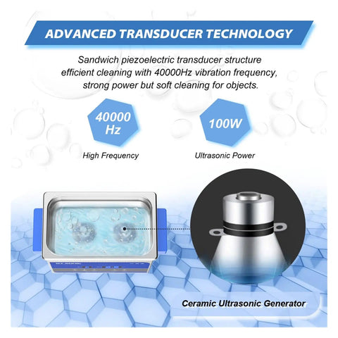 Digital Ultrasonic Cleaner 3 Liter Tank With Heating And Timer Features Smart Degassing displaying transducer technology details.