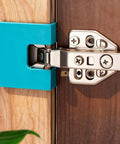 Door Hinge Jig Kit For Quick Install And Precise Alignment, blue guide on wooden cabinet door with metal hinge