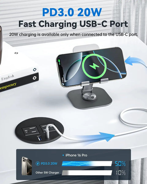 Slick Recessed Desk Power Grommet With 20W Usb C Fast Charging And Dual Usb Ports Flush Mount Strip For Office Tables, showing USB-C port and charging phone.