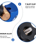 Close-up of Beefy Woodworking T Slot Clamp With T Track Hold Down Screw, showing blue aluminum alloy and screw details.
