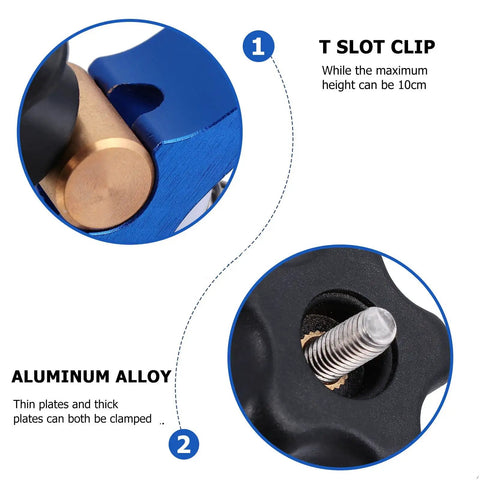 Close-up of Beefy Woodworking T Slot Clamp With T Track Hold Down Screw, showing blue aluminum alloy and screw details.