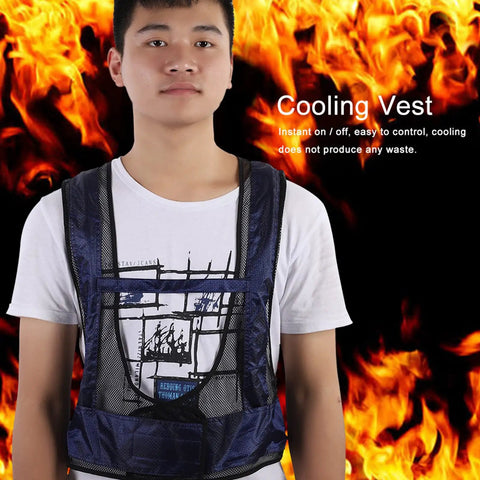 Adult Sleeveless Cooling Vest With Compressed Air Powered Vortex Tube Tech That Slays Kickin Summer Heat And Provides No Sweat Grind Comfort In Cool Cotton Oxford Blend For Peak Chill Factor Blue on a model with flames background.