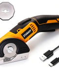 Sturasy Cordless Power Scissors With Safety Lock And Rechargeable Battery, featuring a rounded blade and USB charging cable.