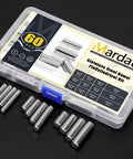 Stainless Steel Dowel Pin Kit 110 Piece 22 Sizes M2 M3 M4 M5 Assortment in clear storage case with assorted pins on display