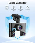 360 Degree Dash Cam For Cars With Front Interior And Rear 4 Channel FHD 1080P Quad Camera showcasing super capacitor features